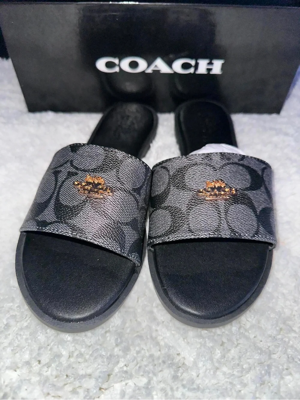 Coach Black Signature Slide Sandals with Gold Emblem